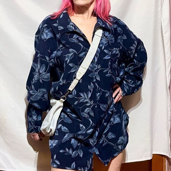 Vintage Blue Floral Print Shirt Mini Dress - Picture 11 of 13